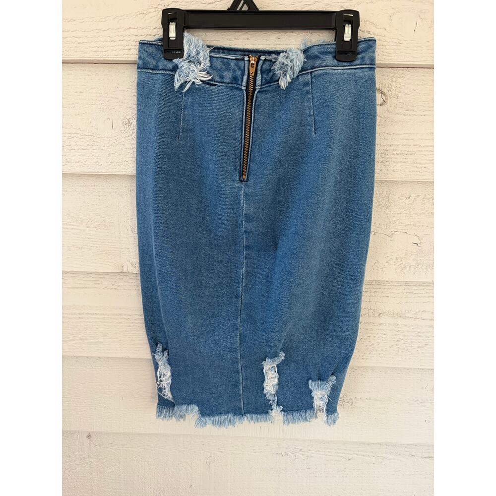 Vibrant M.I.U Distressed Denim Pencil Skirt Size M Made in USA High Waist - Picture 6 of 6